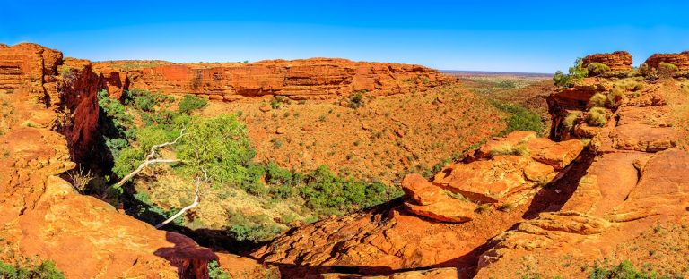 Banner panorama of Watarrka National Park, Australia Outback Red Center, Northern Territory. Kings Canyon with hight walls, red sandstone and Garden of Eden with gum trees and bush vegetation.